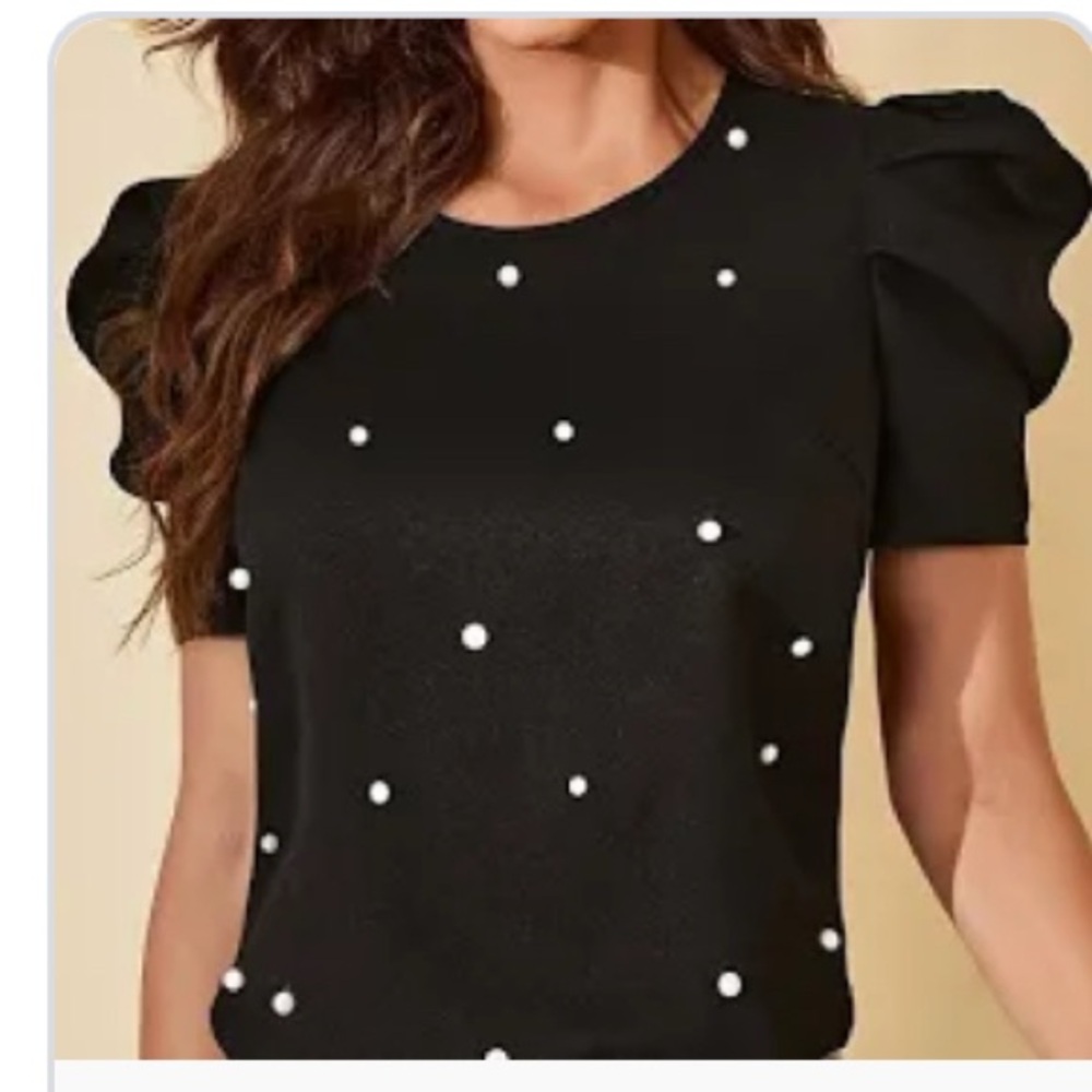 Black Puff Sleeve Top with White Polka Dots